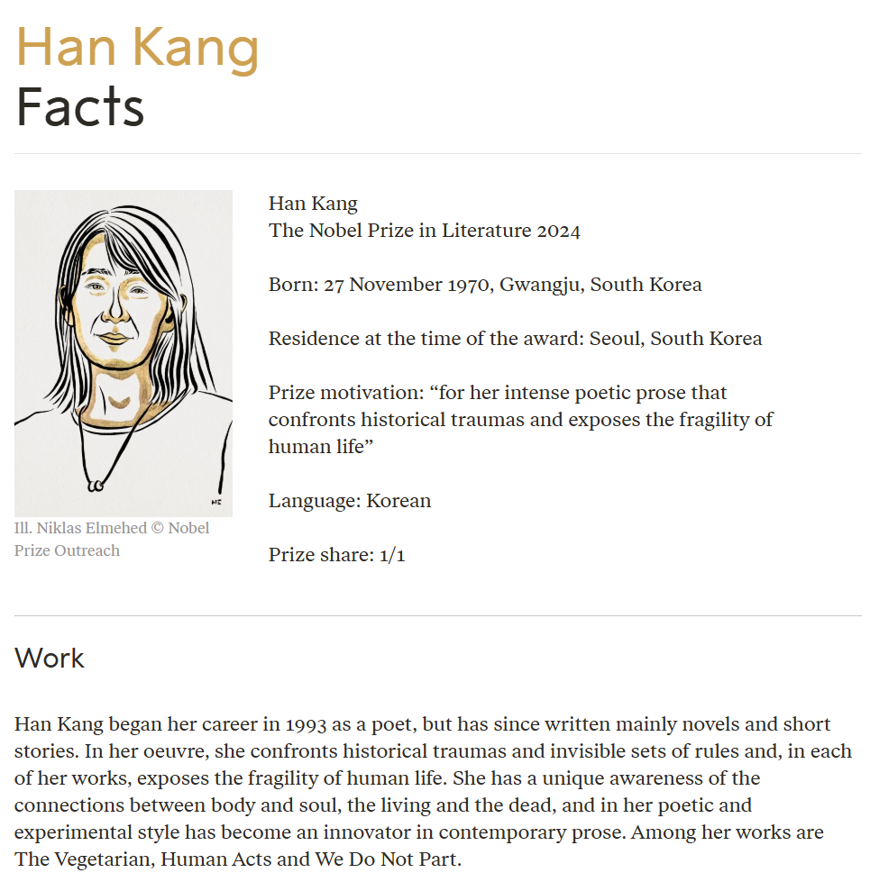 Korean Author Han Kang Wins 2024 Nobel Prize in Literature